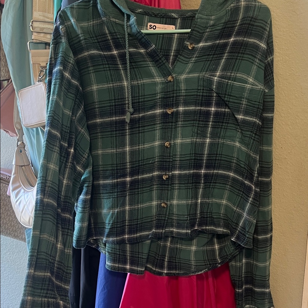 SO Green Plaid Hooded Shirt
